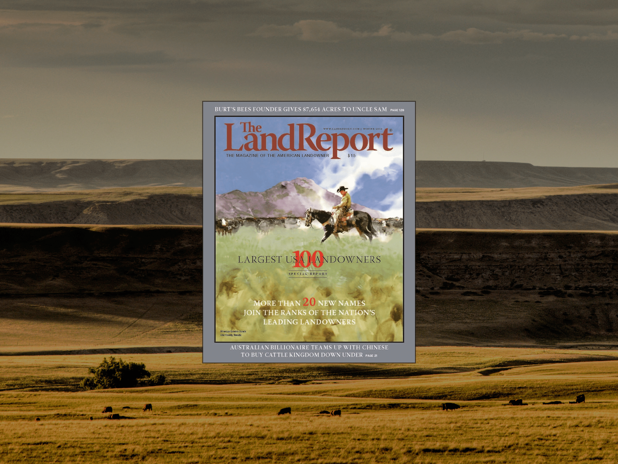 A magazine cover titled The Land Report features a lone rider on horseback in a wide, grassy landscape with mountains in the background. Text highlights the Largest 100 Landowners in the U.S., recreational land, and other landownership news.