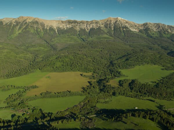 A wide aerial view of a lush green valley featuring open meadows and forested areas, leading up to a rugged, rocky mountain range under a clear blue sky—perfect setting for a scenic cattle ranch or prime land for sale.