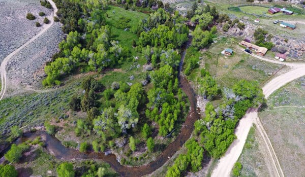 Aerial view of a winding creek bordered by dense green trees and grass, with dirt roads and scattered rural buildings—ideal recreational land or cattle ranch with land for sale in a picturesque landscape.