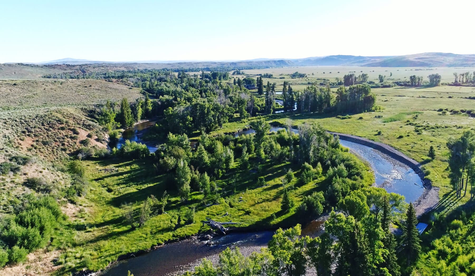 Aerial view of a winding river flowing through lush green grass, trees, and open fields under a clear blue sky on a sunny day—a beautiful landscape ideal for a cattle ranch or potential land for sale. Hills and distant mountains line the horizon.