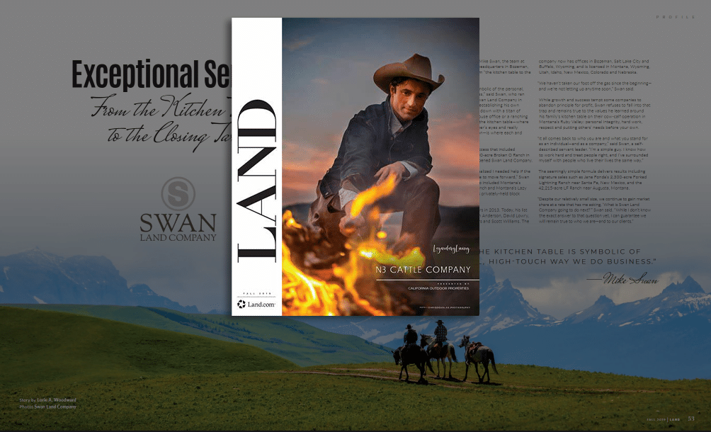 A magazine cover titled LAND features a cowboy in a hat tending a campfire. The background shows mountains, three people on horseback, and faint text promoting hunting property and ranch for sale.