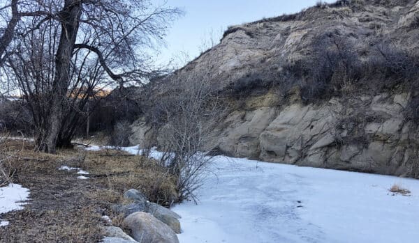 A narrow, frozen creek runs beside a rocky, leafless hillside on this hunting property. Bare trees and dry grass line the bank, with patches of snow and rocks in the foreground under a pale, clear sky.