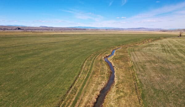 A small stream winds through a vast, green field under a clear blue sky, with distant mountains on the horizon—ideal recreational land and perfect as ranch for sale.