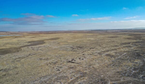 Aerial view of a vast, flat, and dry grassland landscape perfect for a cattle ranch, under a bright blue sky with scattered clouds. Distant hills are visible on the horizon.