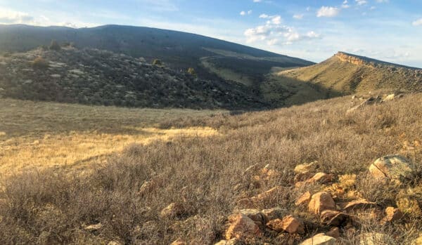 A sunlit landscape with dry grass, scattered rocks, and low shrubs in the foreground—ideal hunting property. Rolling hills and a rocky ridge rise in the background beneath a blue sky with a few clouds. Ranch for sale.
