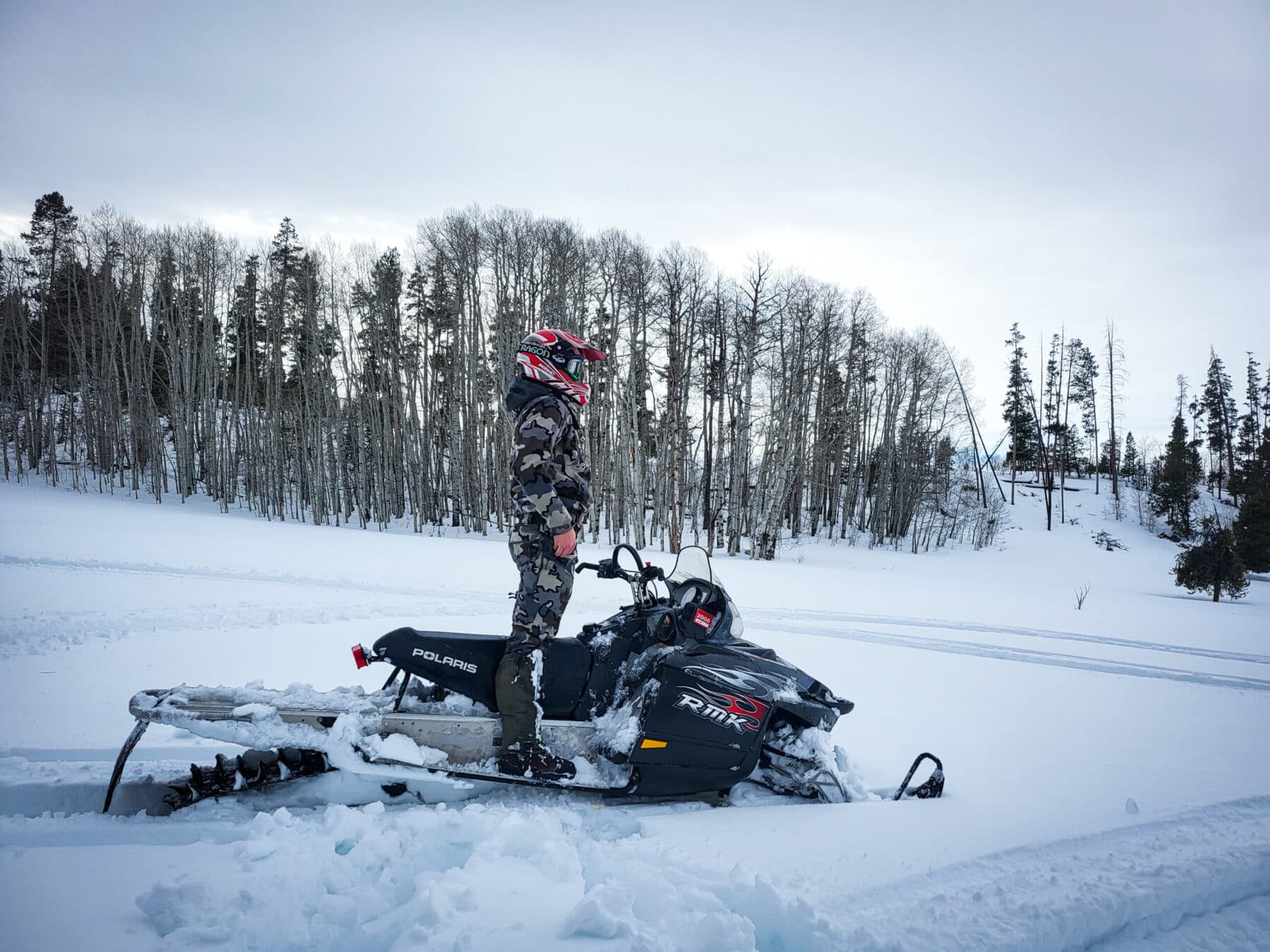 A person in camouflaged winter gear and helmet stands on a black snowmobile in a snowy landscape, with tracks in the snow trailing through a forest of leafless trees—a perfect scene for exploring recreational land or hunting property.