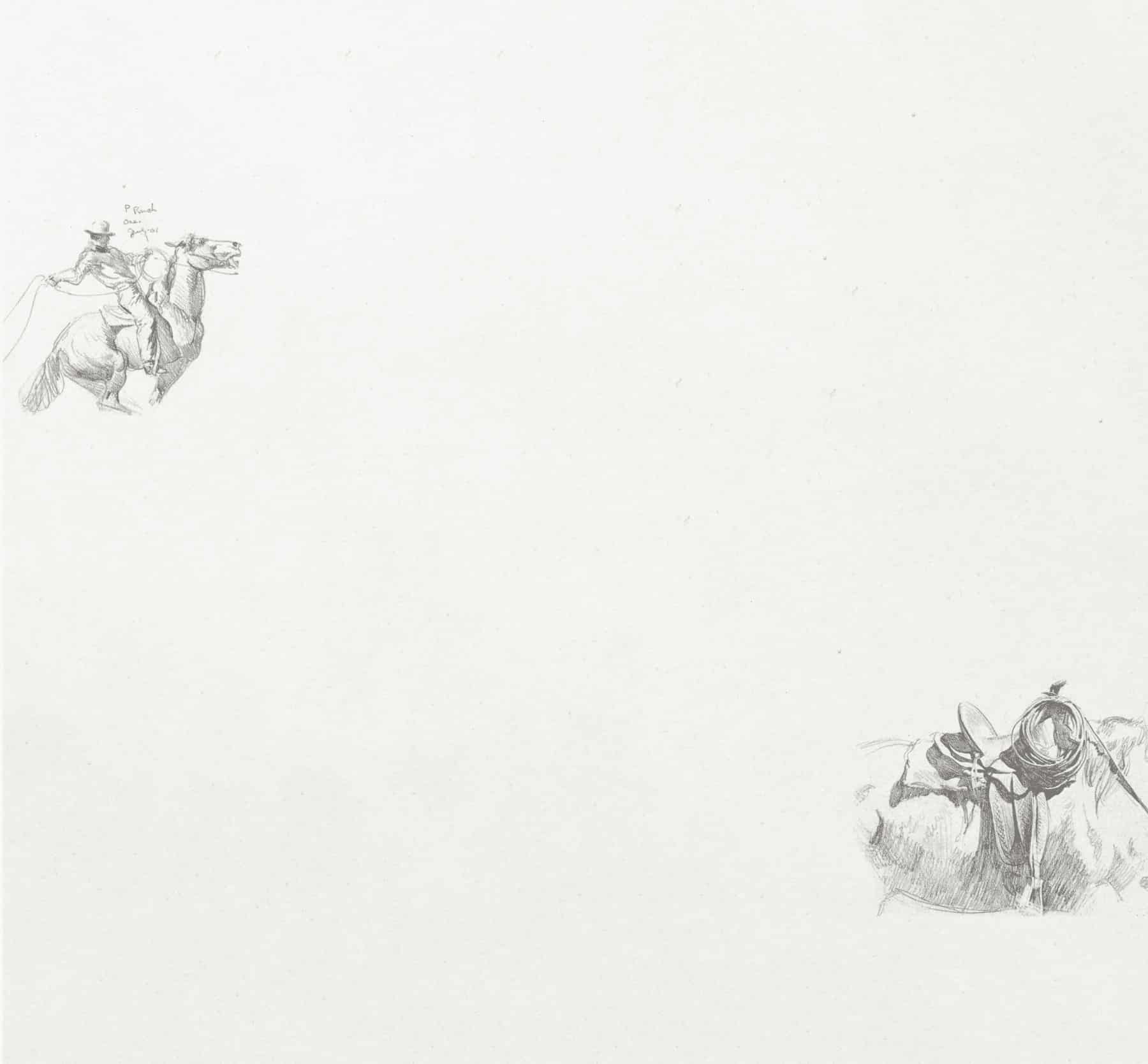 A sketch shows a cowboy riding a rearing horse in the upper left, and a saddled horse grazing in the lower right, both on a mostly empty white background—evoking the spirit of cattle ranch life or adventure on recreational land.