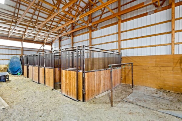 A spacious, clean horse stable with several wooden stalls, metal bars, and an open roof structure with wooden beams—perfect for a cattle ranch or those seeking hunting property. The ground is covered in dirt and sawdust, with a blue tarp in the background.