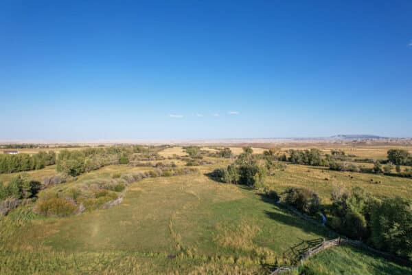 A wide, open landscape of grassy fields with scattered trees and a wooden fence under a clear blue sky, showcasing recreational land with a distant mountain on the horizon.