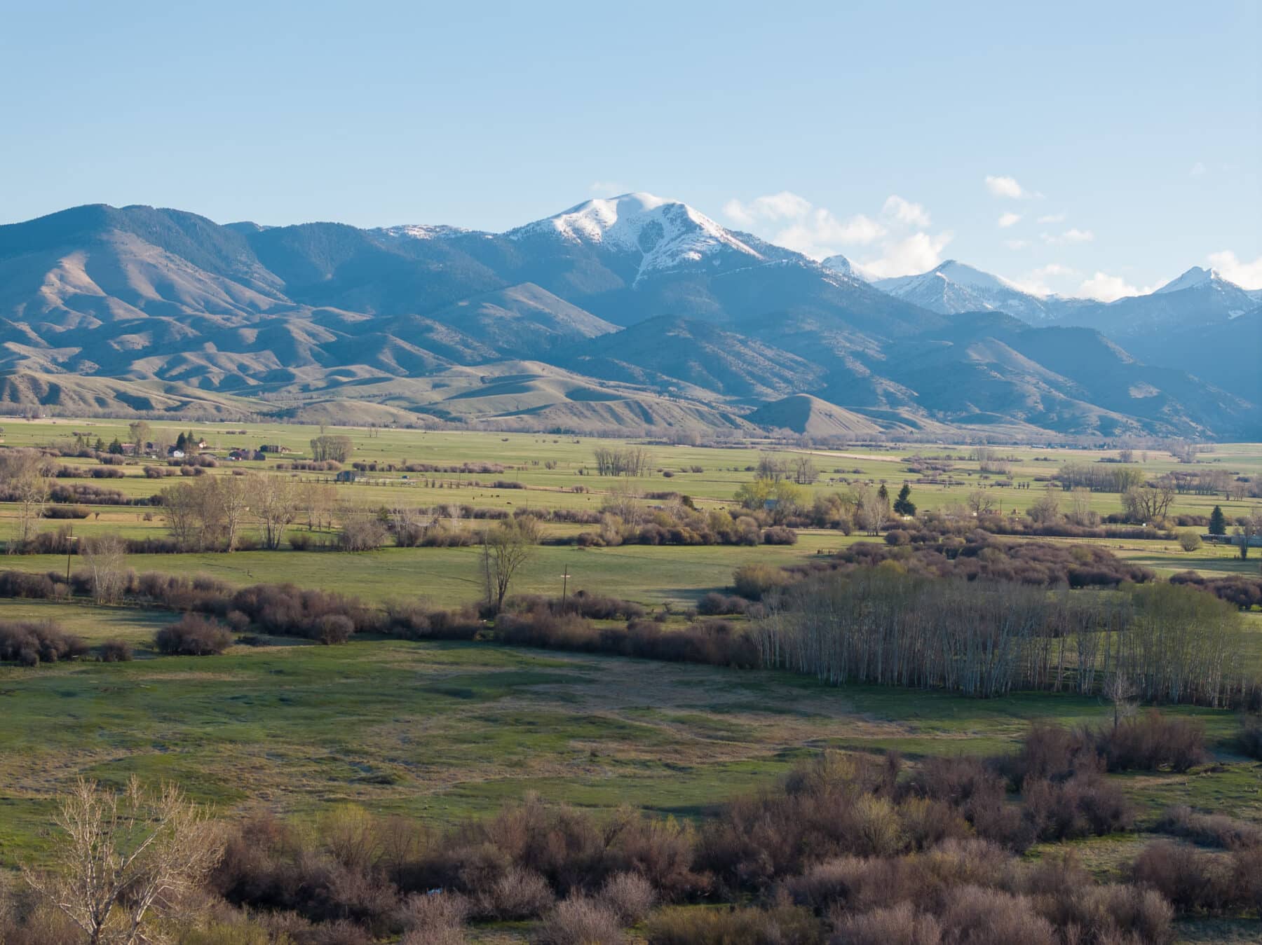 Wide view of a grassy, green valley with scattered shrubs and trees, set against rolling hills and snow-capped mountains under a clear blue sky—ideal recreational land or hunting property.