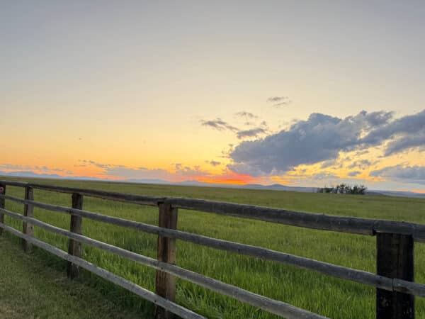 A wooden fence stretches across a green field on a cattle ranch under a sunset sky, with clouds and distant mountains on the horizon.