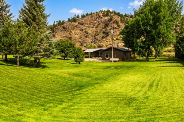 A single-story ranch for sale surrounded by green, freshly mowed grass and tall trees, set against rocky hills and a clear blue sky in the background.