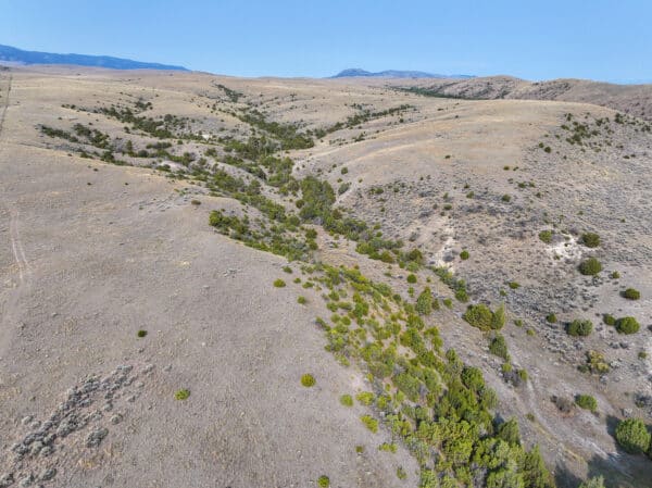 Aerial view of rolling, dry hills with patches of green shrubs and small trees scattered through a narrow valley under a clear blue sky. Mountains rise in the background, making this ideal recreational land or hunting property.