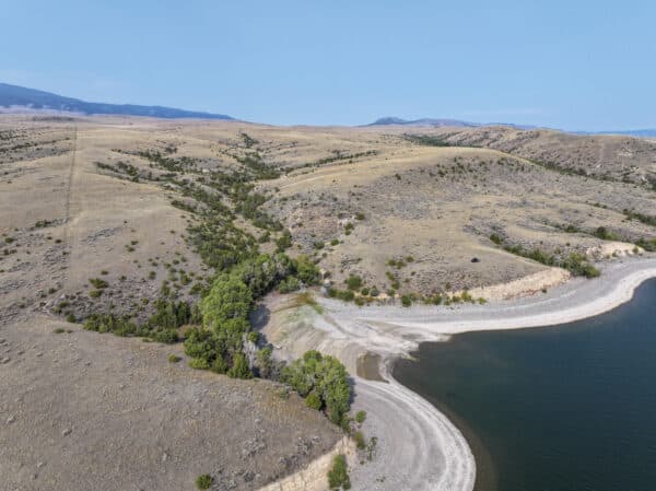 Aerial view of a dry, hilly landscape with sparse green trees, a curved sandy shoreline, and calm blue water under a clear sky—an ideal recreational land or hunting property.