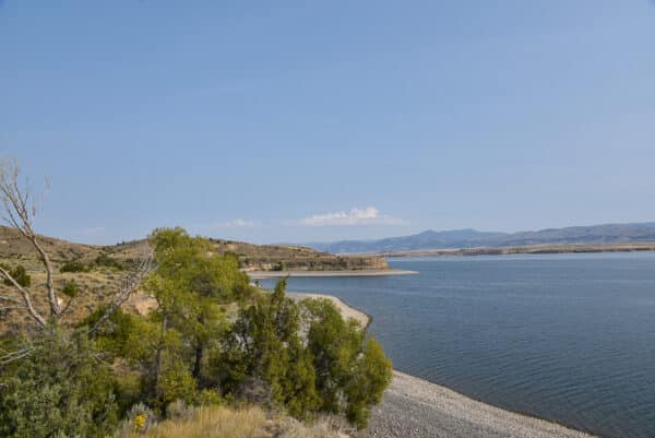 A calm lake curves along a rocky shoreline, bordered by green trees and dry, grassy hills under a clear blue sky with distant mountains—an ideal setting for a hunting property or cattle ranch.
