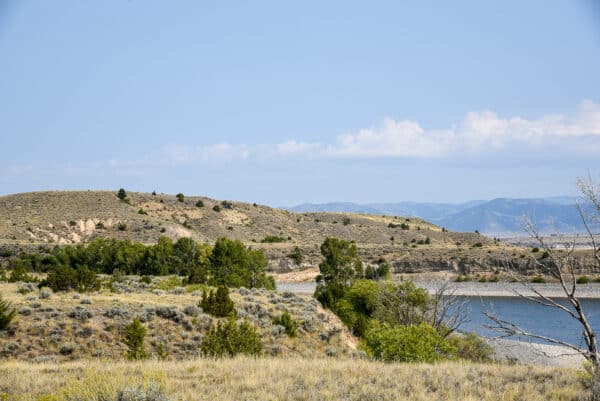 A scenic landscape with rolling hills, sparse green vegetation, and a calm blue body of water under a clear sky. Mountains are visible in the distant background—perfect as recreational land or a picturesque cattle ranch.