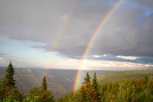 A vibrant double rainbow arches over a forested valley with green pine trees and rolling hills, highlighting the beauty of this recreational land for sale under a partly cloudy sky.