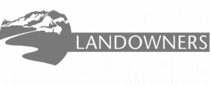 Logo for Western Landowners Alliance features a stylized mountain landscape on the left and the words “Western Landowners Alliance” with Landowners highlighted. Below is the tagline “Stewardship with Vision.” Ideal for recreational land or cattle ranch owners.