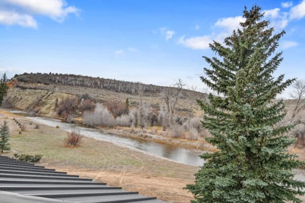 A clear stream flows beside a rocky hill and sparse trees under a blue sky, with a large evergreen tree and part of a metal roof in the foreground—perfect scenery for a tranquil cattle ranch or hunting property.