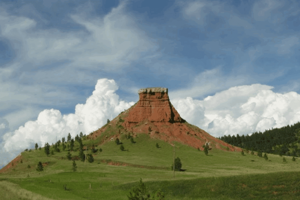 A flat-topped butte rises above a grassy landscape, with scattered trees on its slopes—ideal recreational land or hunting property—with white clouds filling the sky behind it under daylight.