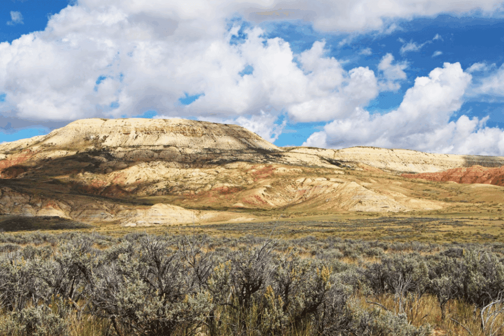 A scenic landscape featuring rolling hills with layers of beige, orange, and red rock under a blue sky with scattered clouds, with sagebrush and grasses in the foreground—ideal land for sale or hunting property.