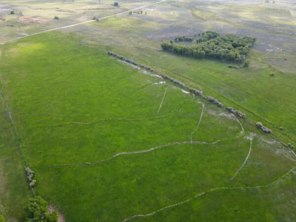 Aerial view of a vast green field with winding fence lines, patches of trees, and dirt roads crossing the landscape under a clear sky—ideal recreational land or hunting property available for sale.