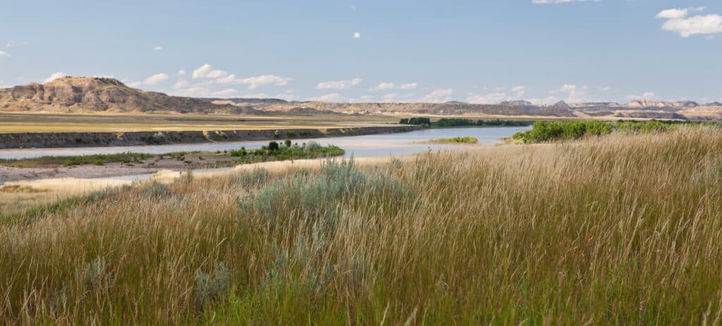 A grassy field leads to a winding river under a blue sky, with distant hills and scattered clouds in the background. This open and serene landscape is ideal recreational land and showcases natural beauty.